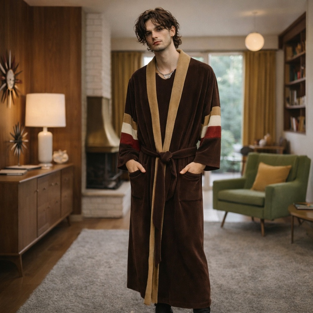 Vintage 70s Men’s (or unisex) Robe Velvet Mod Blokecore Brown Earthy tones OS - Picture 13 of 13